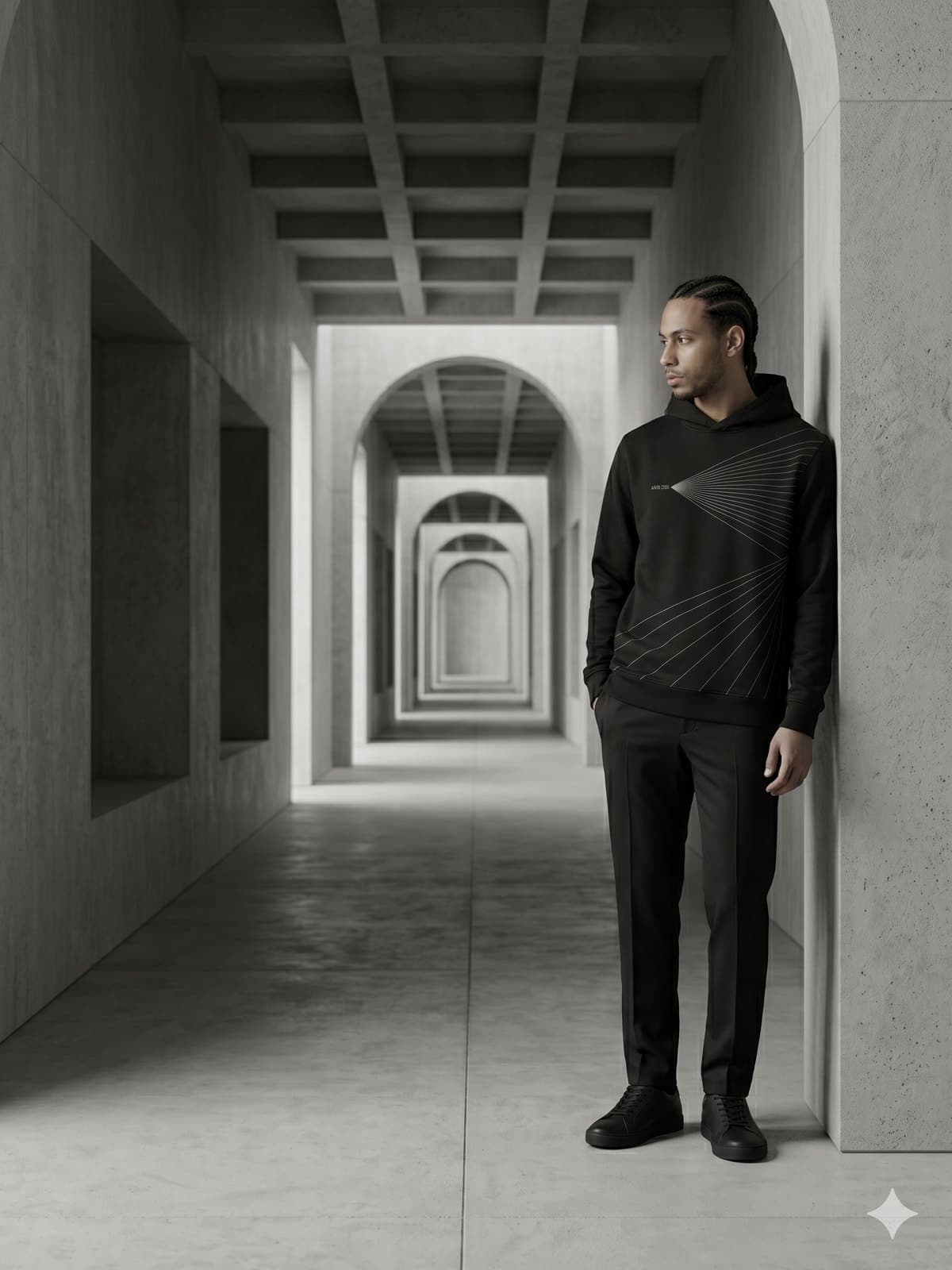 Hoodie Design A — Black — worn, editorial