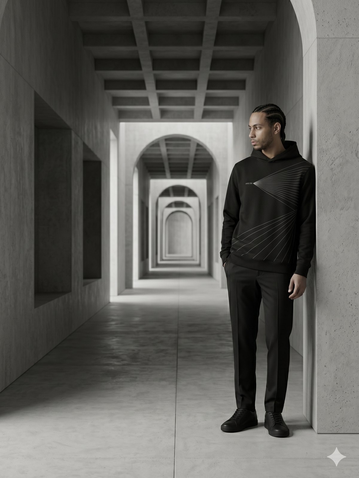 Hoodie Design A — Black — worn, editorial